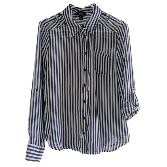 BCX Women's Sheer Striped Blouse Blue White, Size M, Long Sleeve, Button Front - Picture 1 of 16